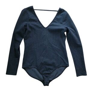 dRA Anthropologie PolkaDot Bodysuit Women M Black V-Neck Open Back Chic Parisian